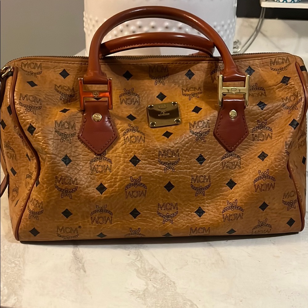 MCM Large Cognac Visetos Satchel Boston Bag #2 Speedy 35 size